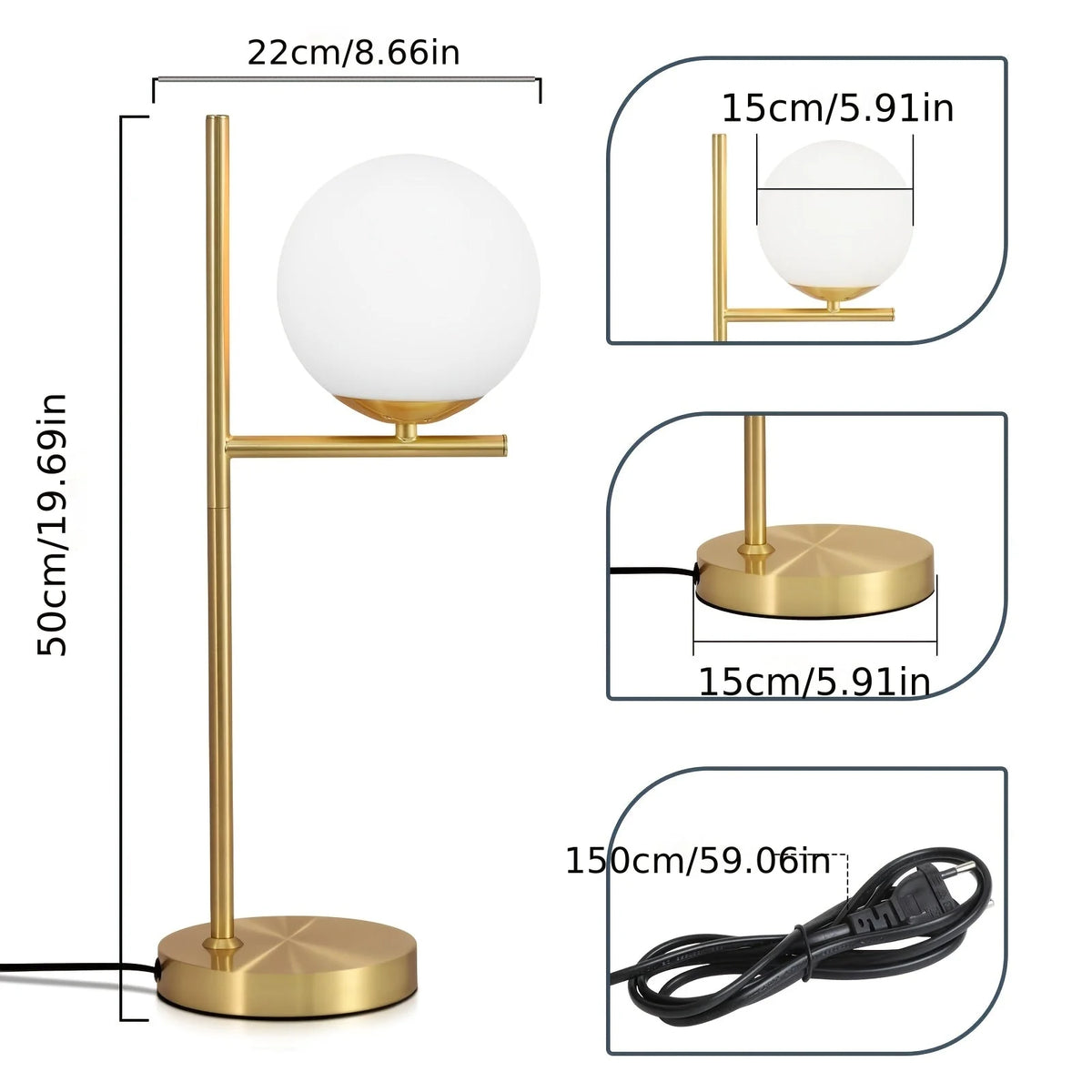 Table Lamp Frosted Glass Globe & Golden Metal Stem