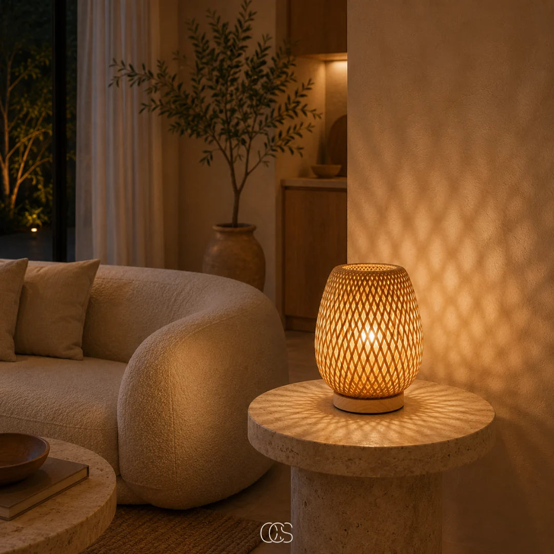 Table Lamp Handwoven Bamboo Shade Cordless Dimmable LED