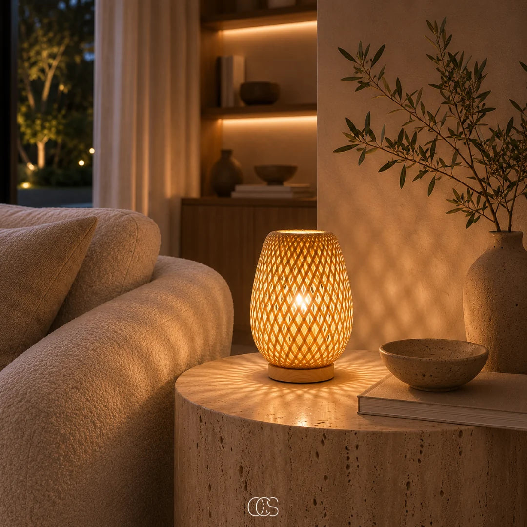 Table Lamp Handwoven Bamboo Shade Cordless Dimmable LED
