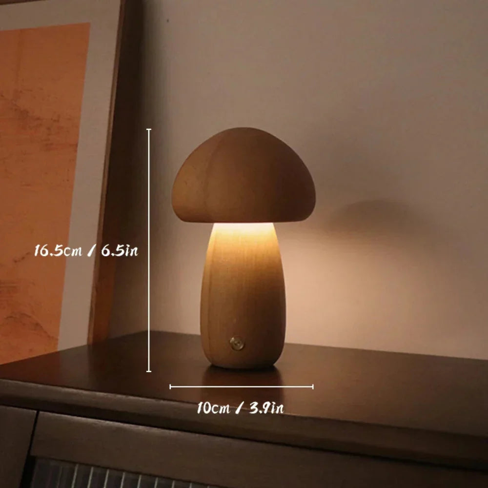 Table Lamp Mushroom Design Wooden USB-Rechargeable Dimmable
