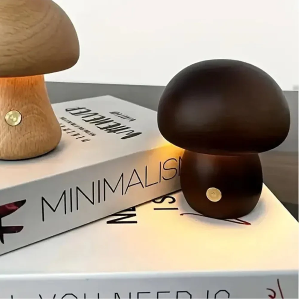 Table Lamp Mushroom Design Wooden USB-Rechargeable Dimmable