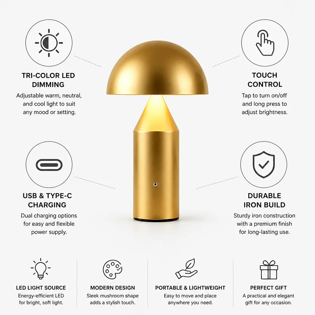 Table Lamp Mushroom Iron Tri-Color LED USB-C Charging