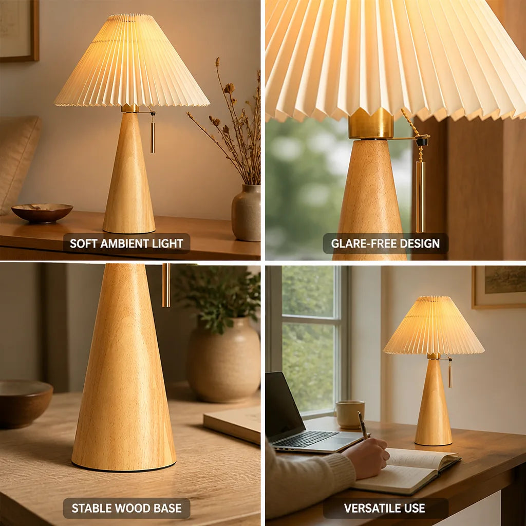 Table Lamp Pleated Fabric Shade Oak Wood Base