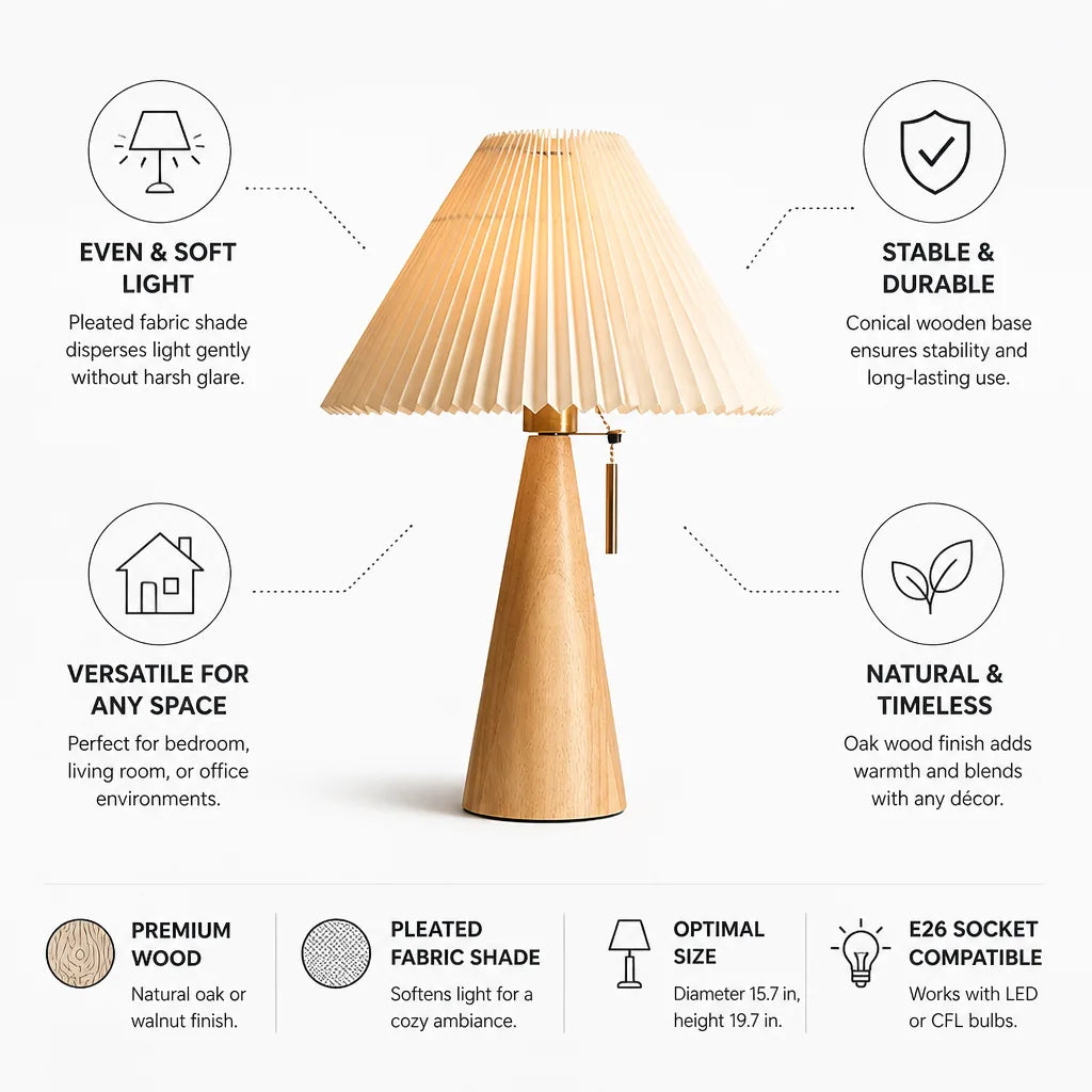 Table Lamp Pleated Fabric Shade Oak Wood Base