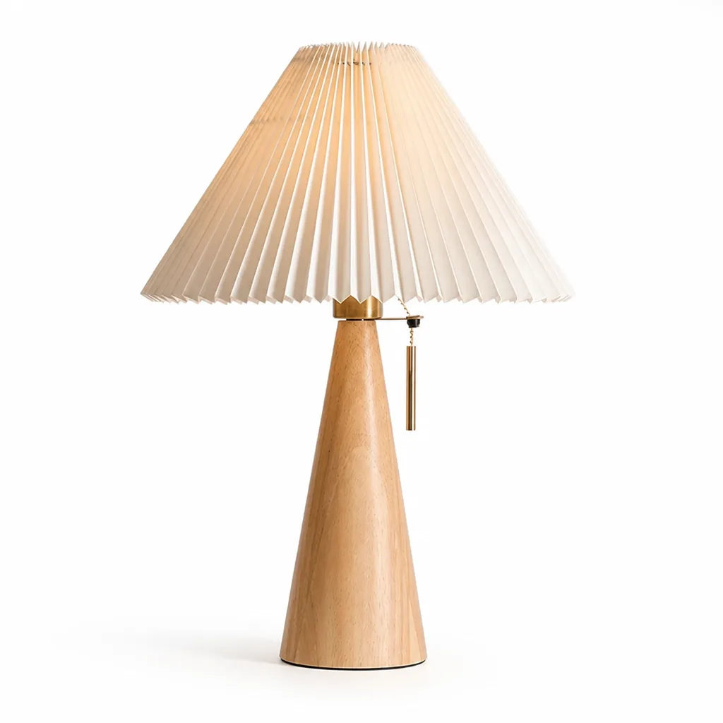 Table Lamp Pleated Fabric Shade Oak Wood Base