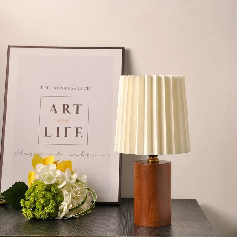 Table Lamp Pleated Fabric Shade Turned Wood Base