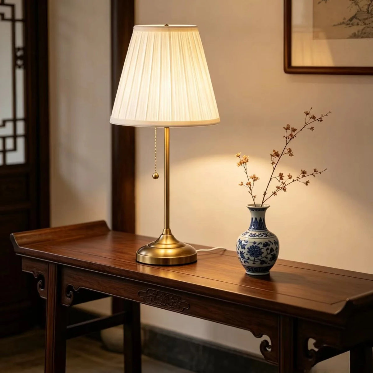 Table Lamp Pleated Shade Pull Chain Control Weighted Base