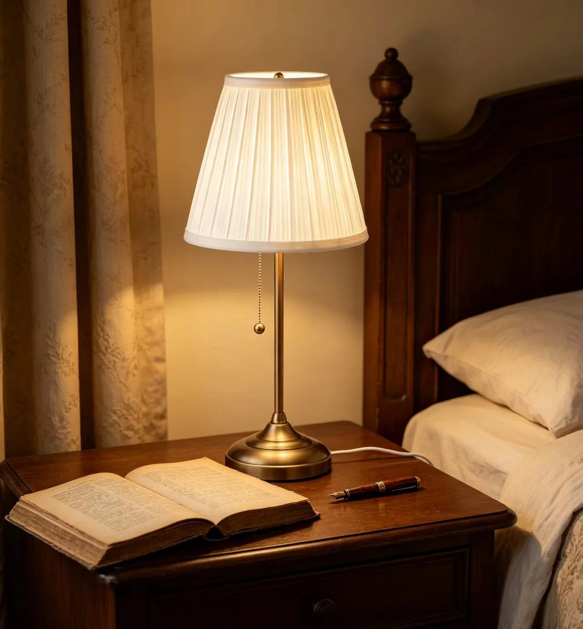Table Lamp Pleated Shade Pull Chain Control Weighted Base