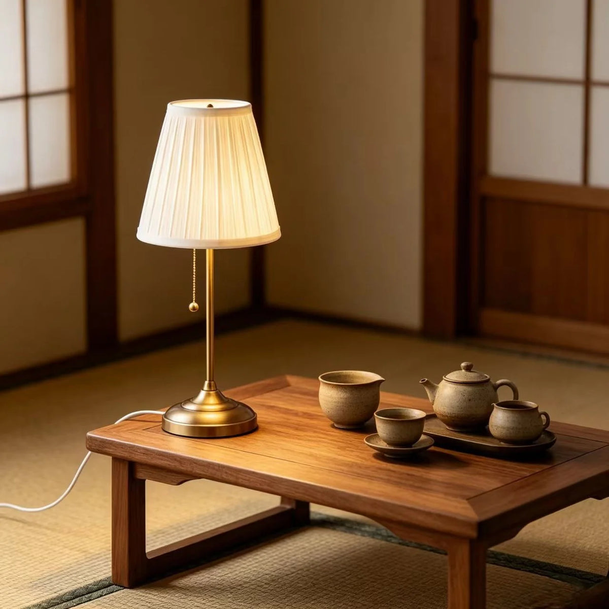 Table Lamp Pleated Shade Pull Chain Weighted Base