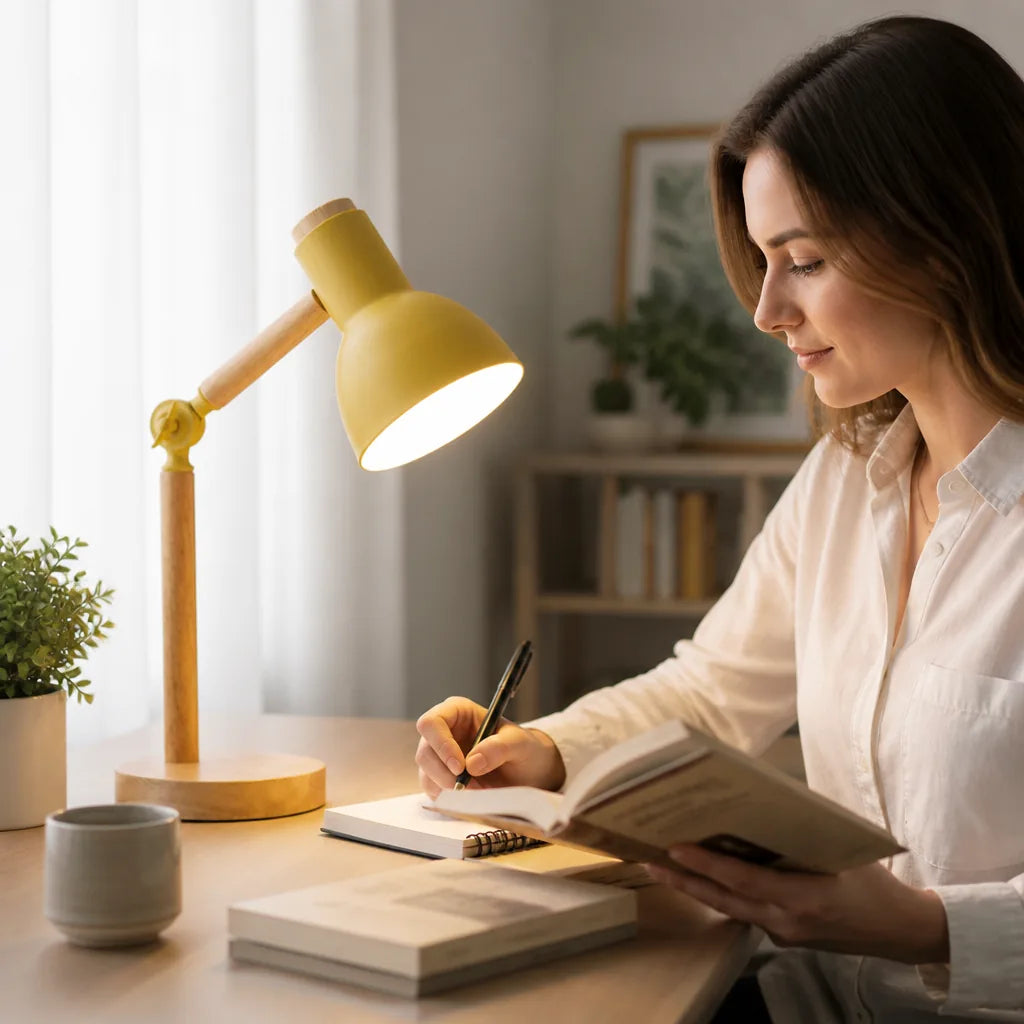 Table Lamp Scandinavian Wood Adjustable Arm Integrated LED