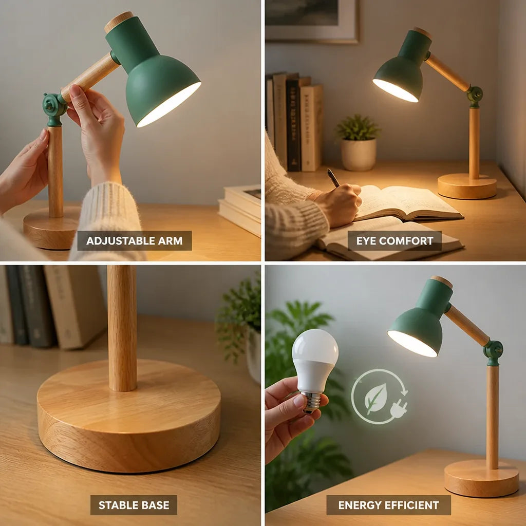 Table Lamp Scandinavian Wood Adjustable Arm Integrated LED
