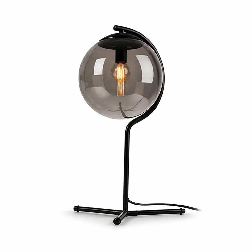 Table Lamp Smoked Glass Shade Black Metal Base