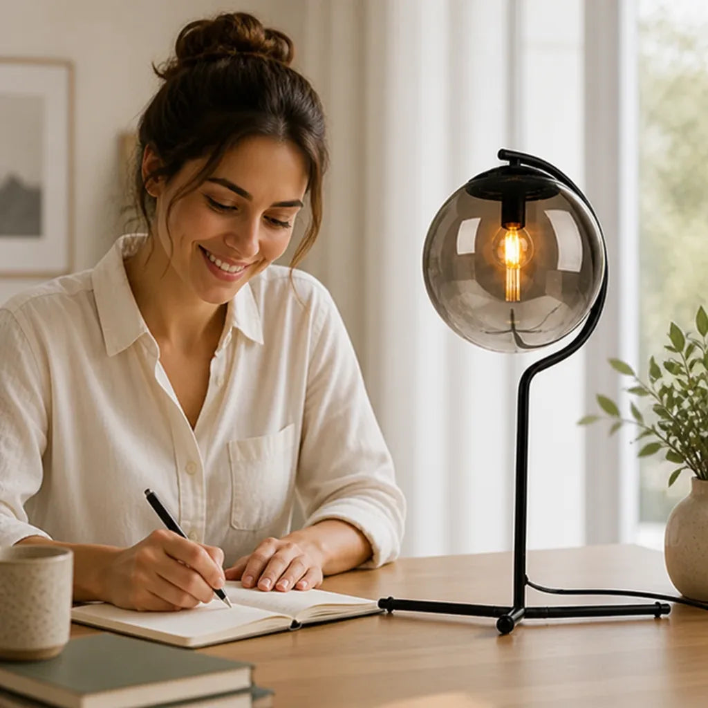 Table Lamp Smoked Glass Shade Black Metal Base