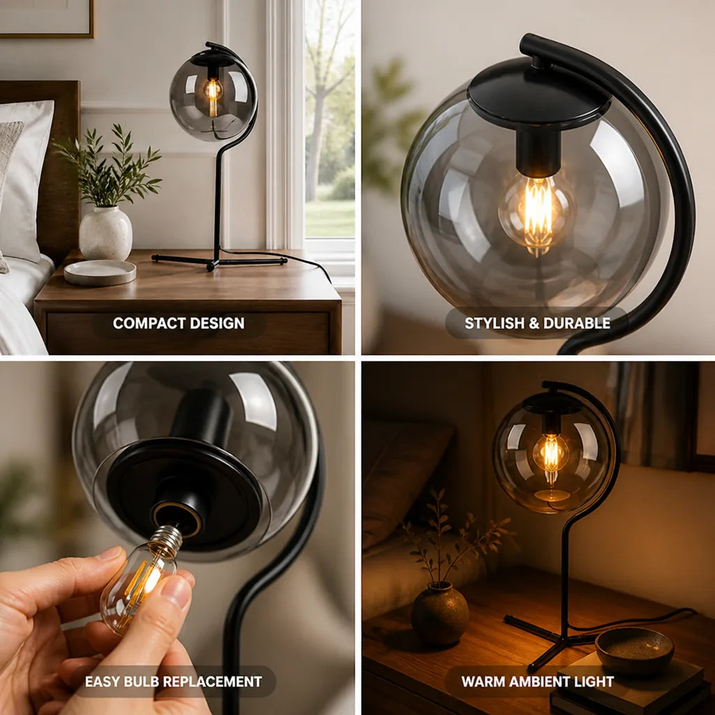 Table Lamp Smoked Glass Shade Black Metal Base