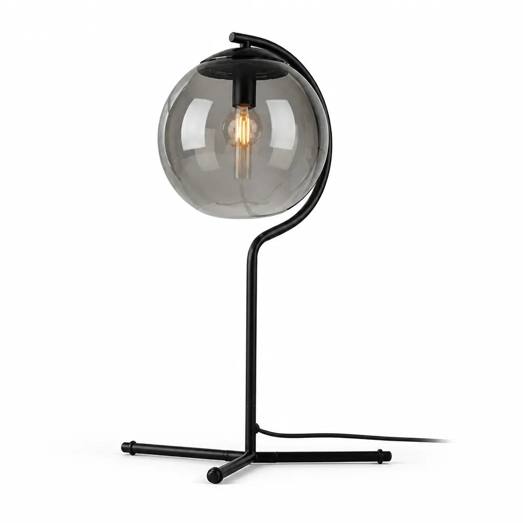 Table Lamp Smoked Glass Shade Black Metal Base
