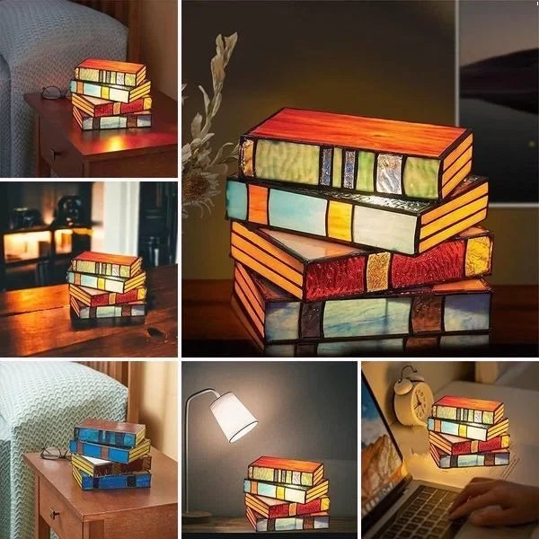 Table Lamp Stacked Books Tiffany Style Stained Glass