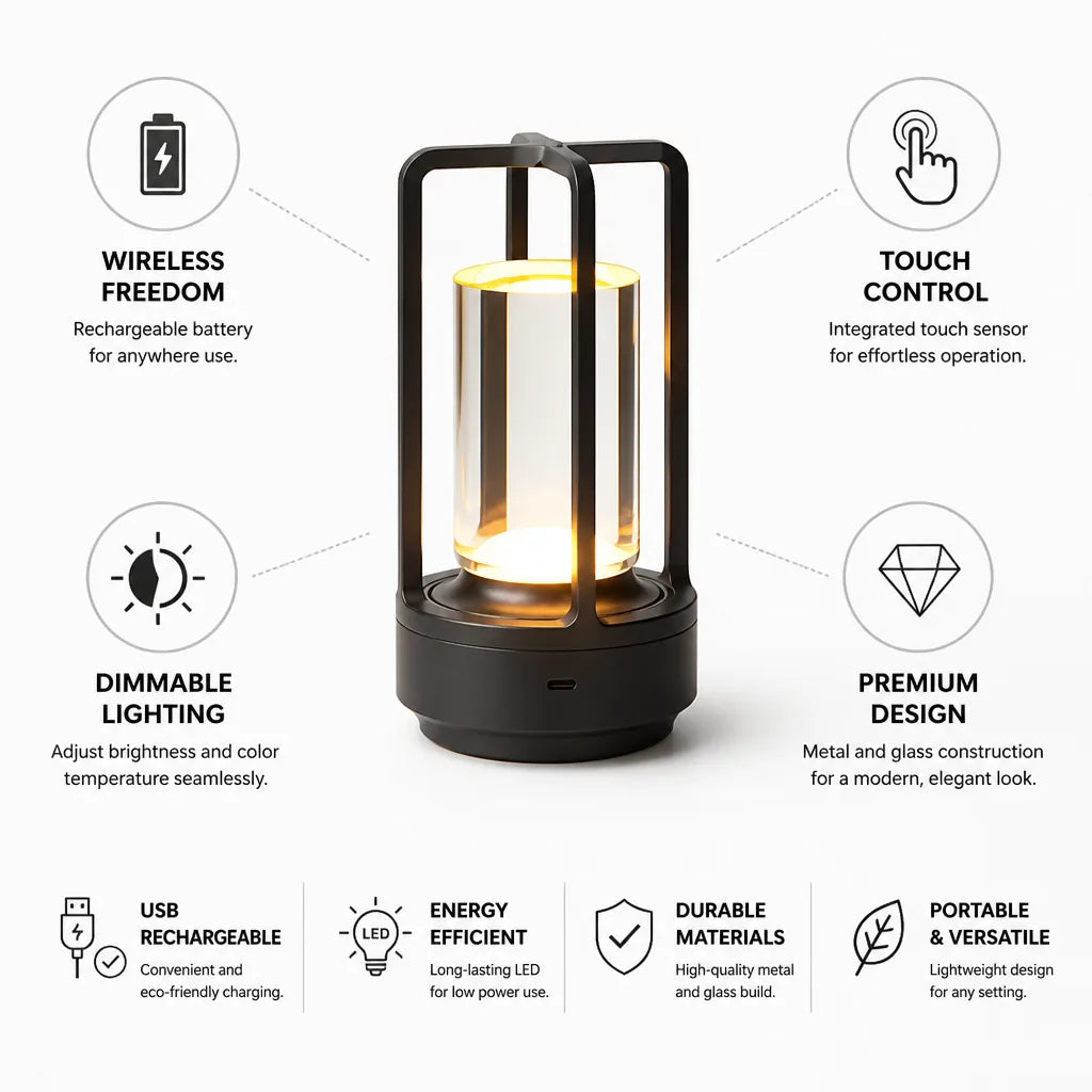 Table Lamp Touch Dimmable USB Rechargeable Metal & Glass