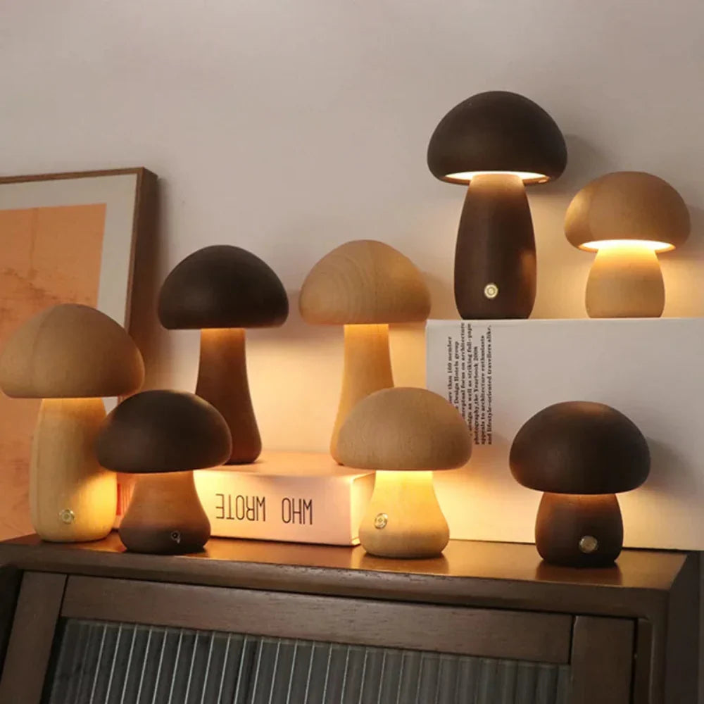Table Lamp Wooden Mushroom Design USB Rechargeable Cordless Dimmable
