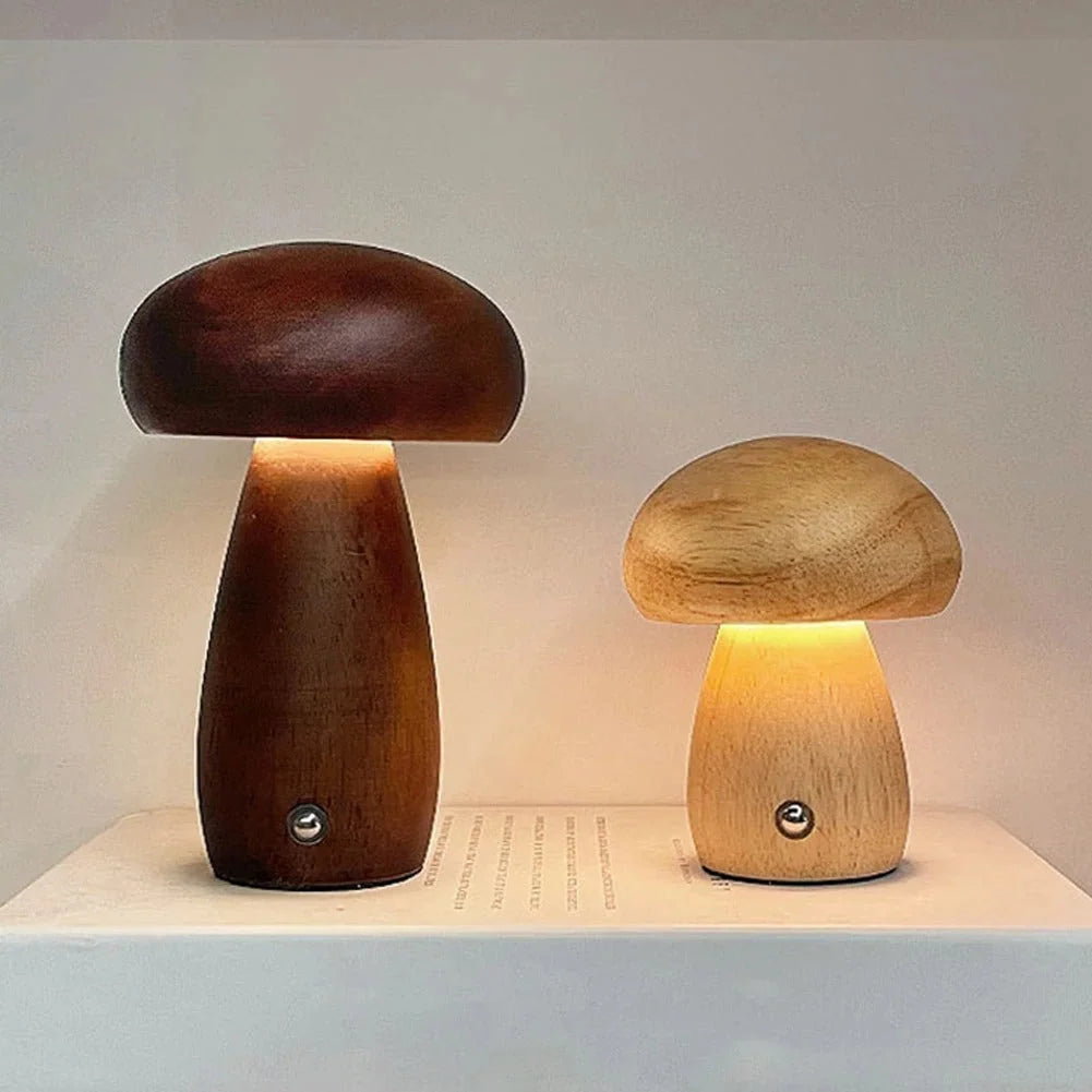 Table Lamp Wooden Mushroom Design USB Rechargeable Cordless Dimmable