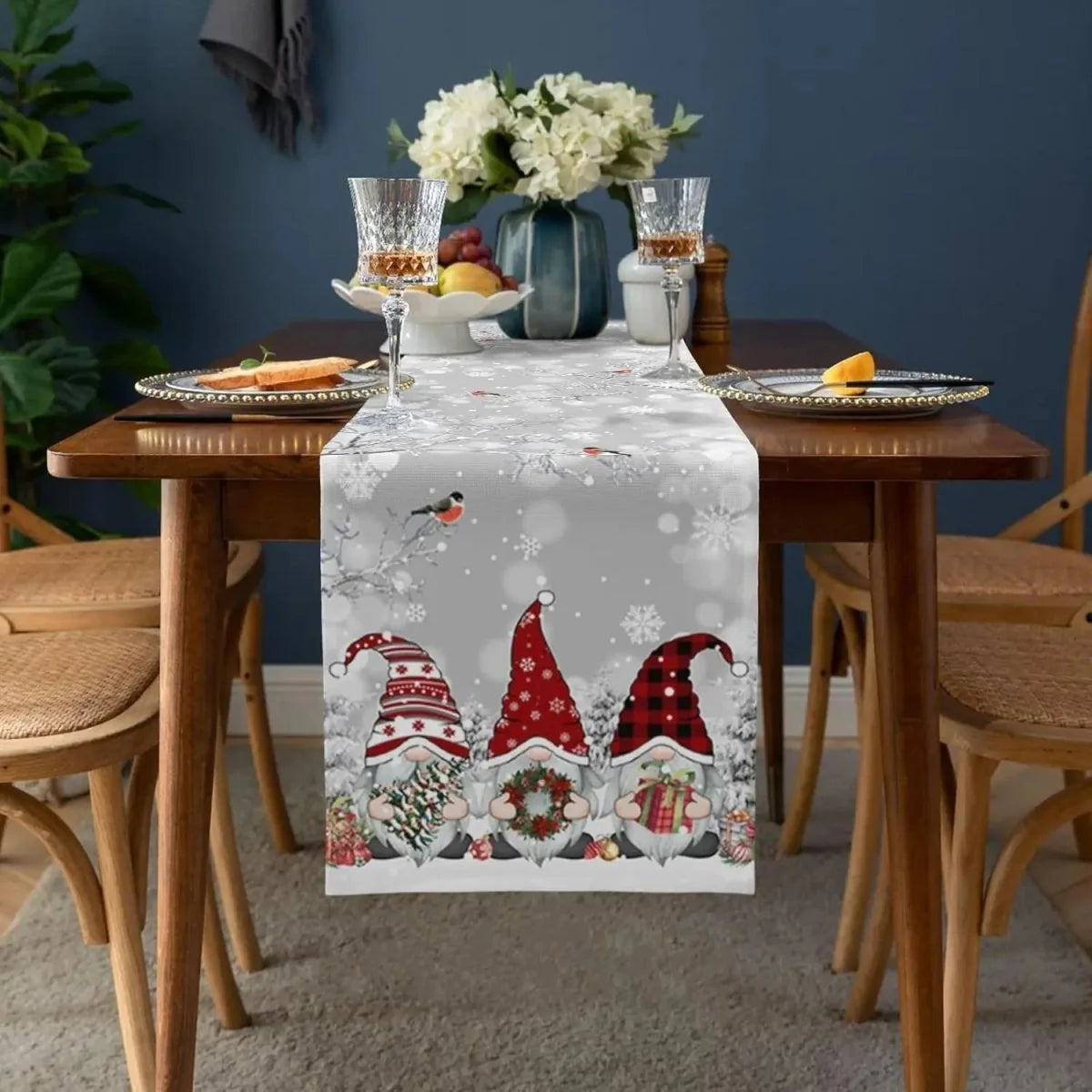 Table Runner 100% Linen Snowflake & Elf Design Machine Washable