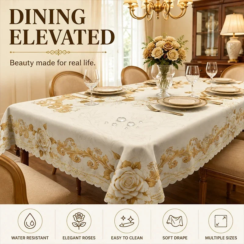 Tablecloth Gold Rose Pattern Water-Resistant Surface