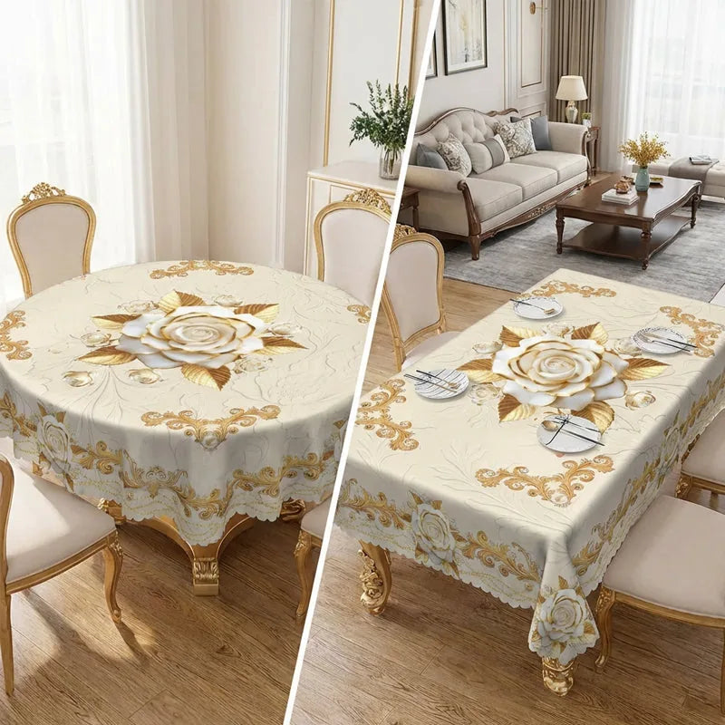 Tablecloth Gold Rose Pattern Water-Resistant Surface
