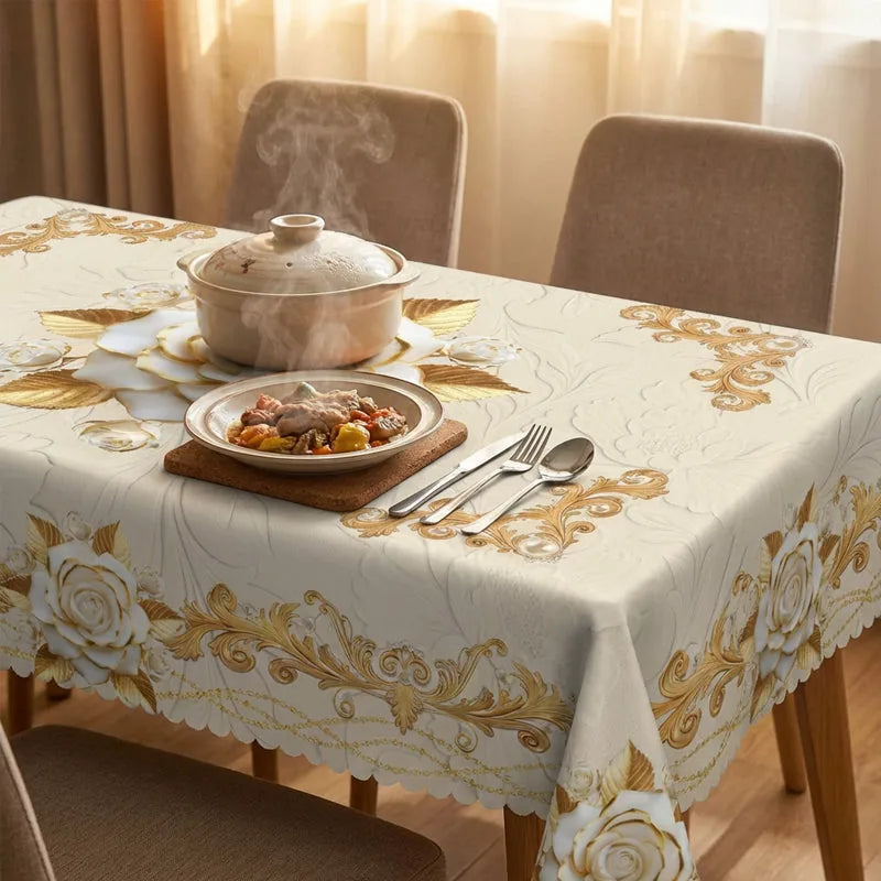 Tablecloth Gold Rose Pattern Water-Resistant Surface