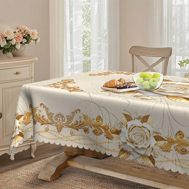 Tablecloth Gold Rose Pattern Water-Resistant Surface