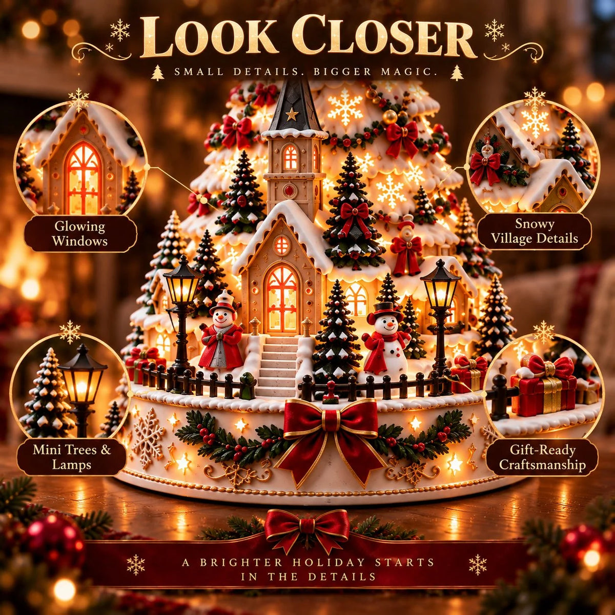Tabletop Christmas Village Tree Illuminated With Festive Projection