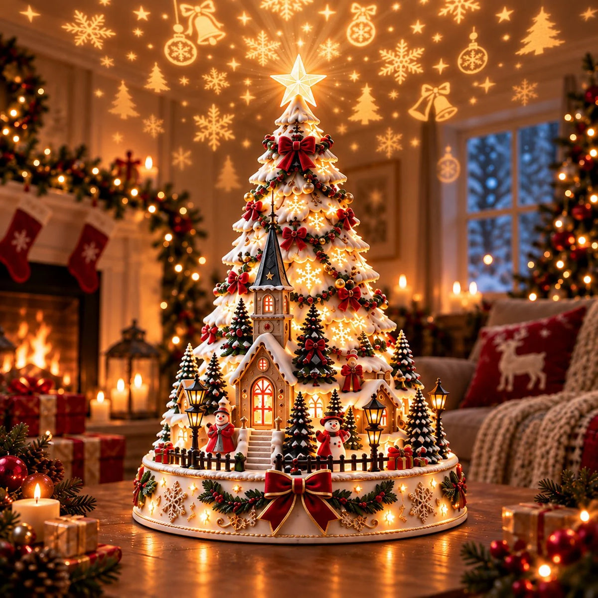 Tabletop Christmas Village Tree Illuminated With Festive Projection