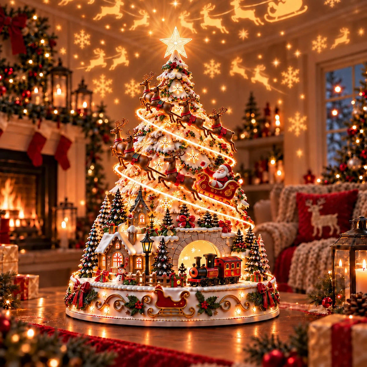 Tabletop Christmas Village Tree Illuminated With Festive Projection