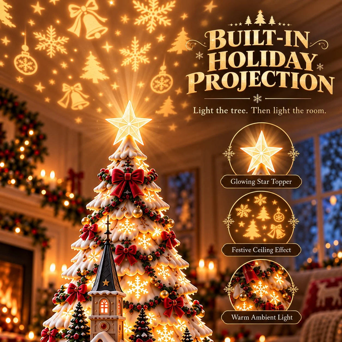 Tabletop Christmas Village Tree Illuminated With Festive Projection