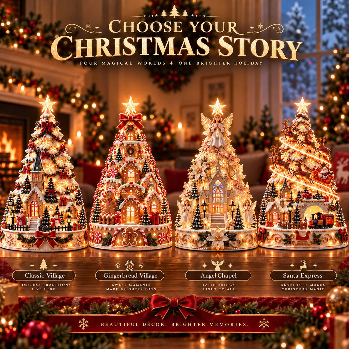 Tabletop Christmas Village Tree Illuminated With Festive Projection