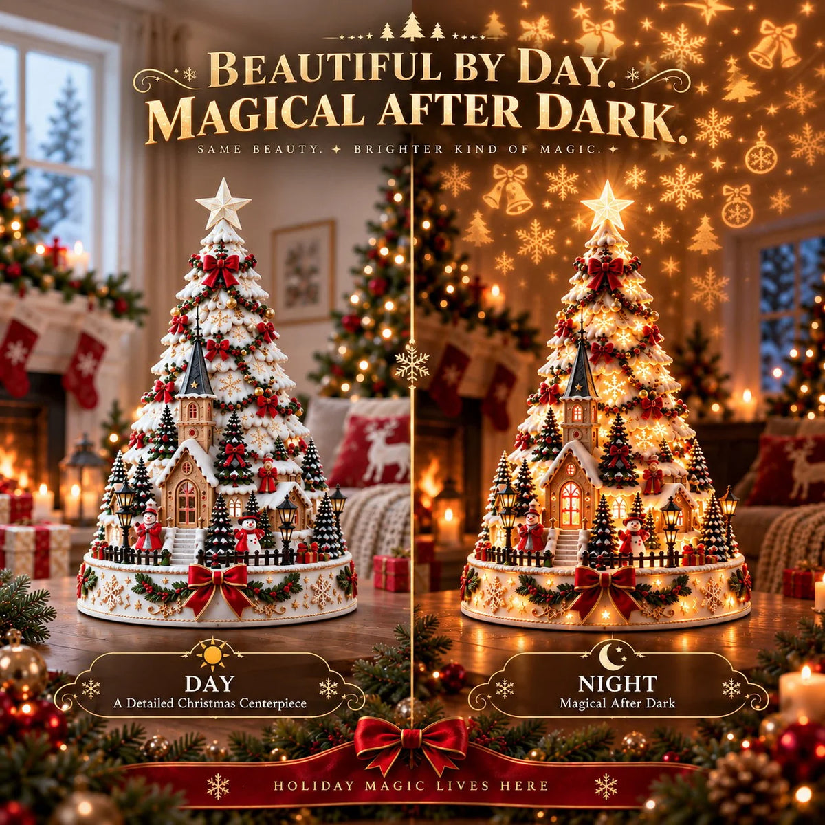 Tabletop Christmas Village Tree Illuminated With Festive Projection