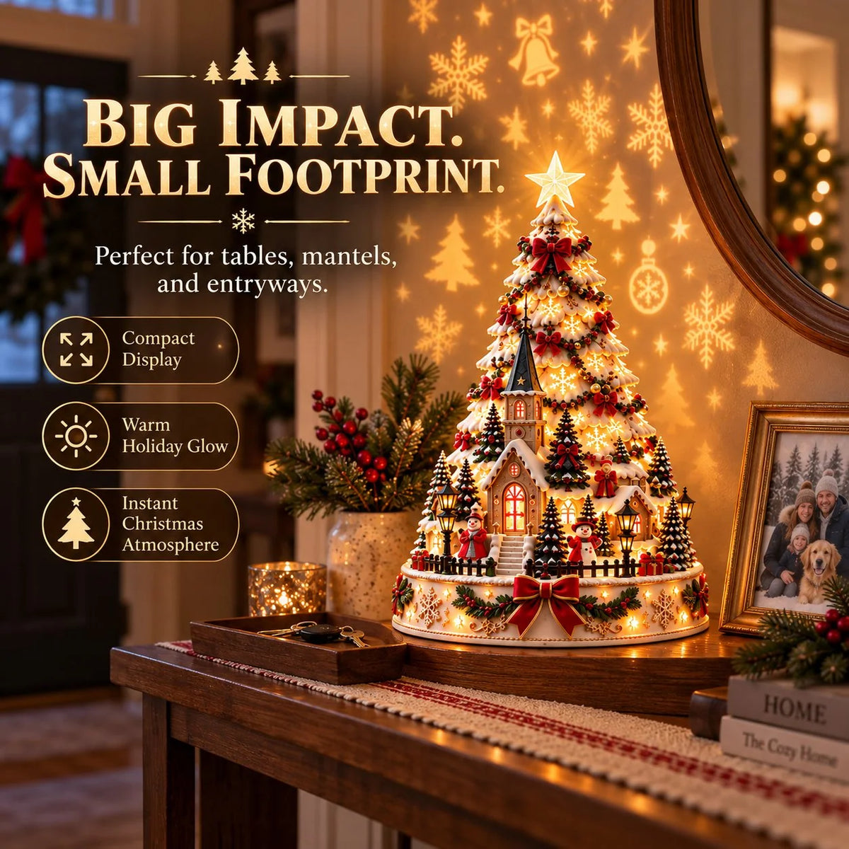 Tabletop Christmas Village Tree Illuminated With Festive Projection