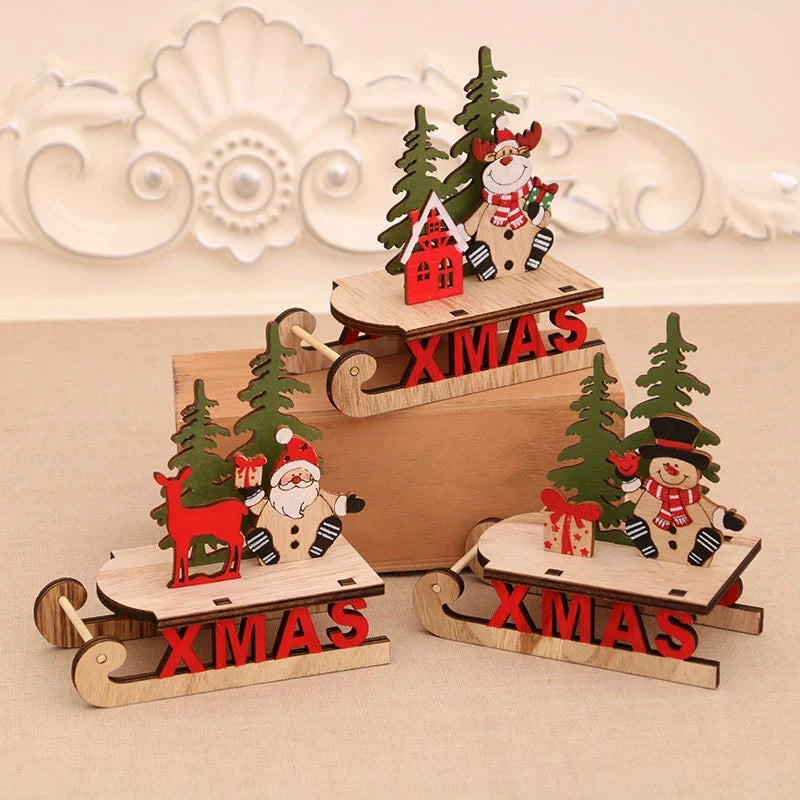 Tabletop Figurine Wooden Santa & Reindeer Compact