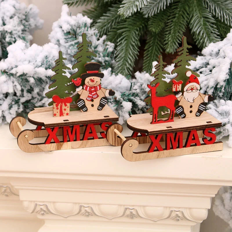 Tabletop Figurine Wooden Santa & Reindeer Compact