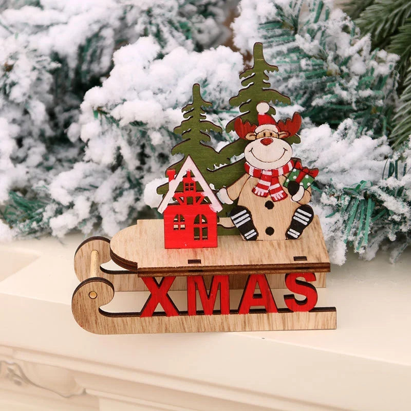 Tabletop Figurine Wooden Santa & Reindeer Compact