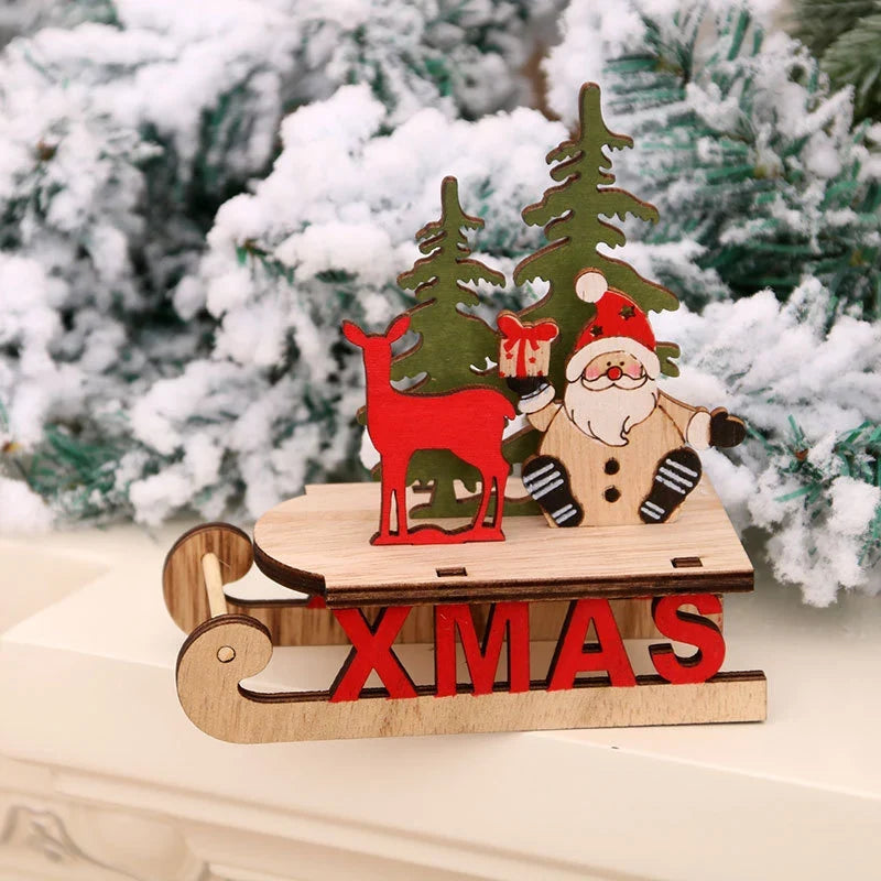 Tabletop Figurine Wooden Santa & Reindeer Compact
