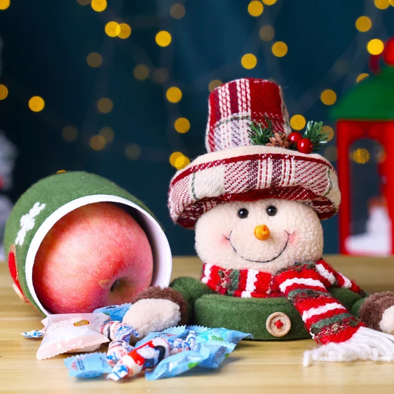 Tabletop Snowman Figurine Fabric Heart Pattern & Striped Scarf