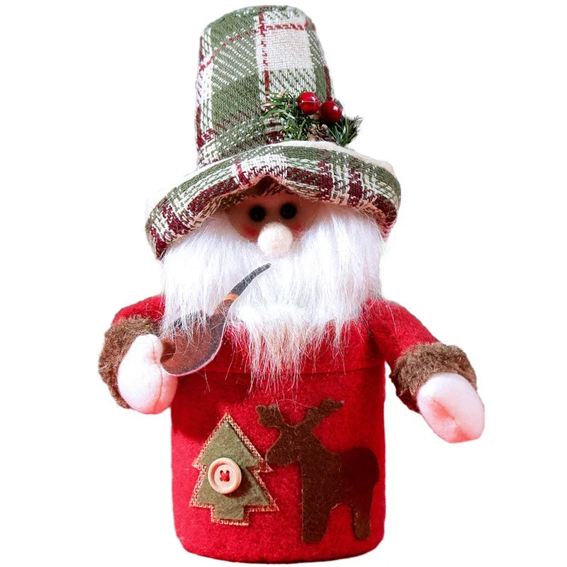 Tabletop Snowman Figurine Fabric Heart Pattern & Striped Scarf