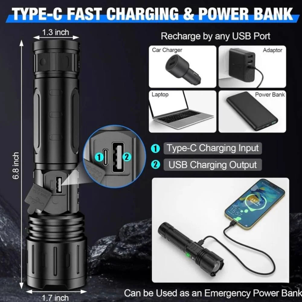 Tactical Flashlight Ultra-Bright 100000 Lumens Rechargeable 5000mAh Aluminum Body