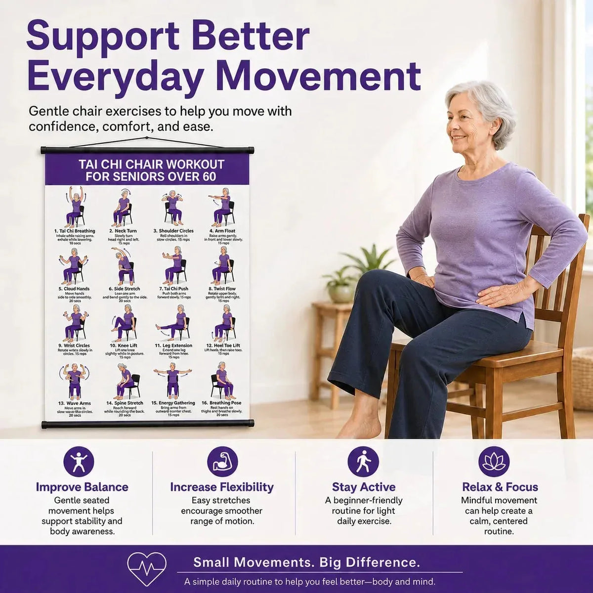 Tai Chi Wall Chart 16 Illustrated Seated Exercises