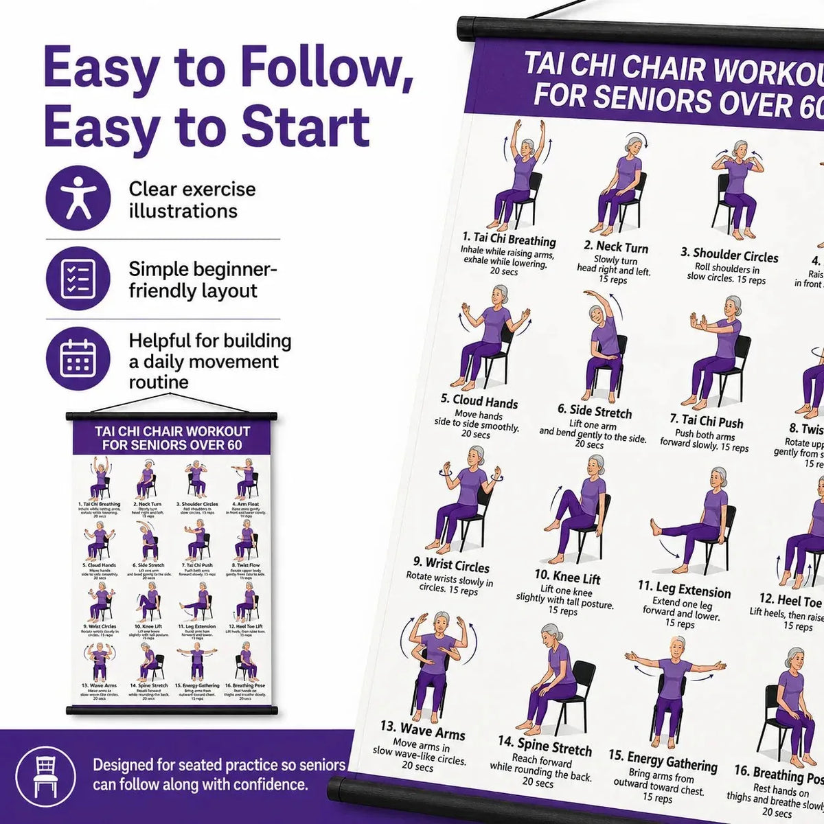 Tai Chi Wall Chart 16 Illustrated Seated Exercises
