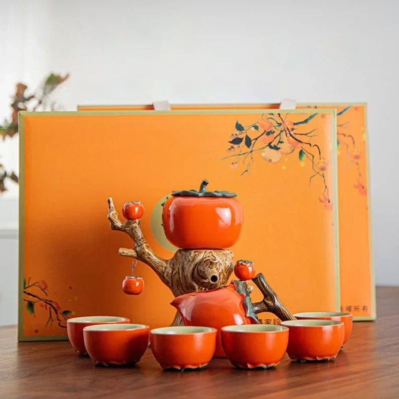 Tea Set Ceramic Pumpkin Tree Design With Six Cups
