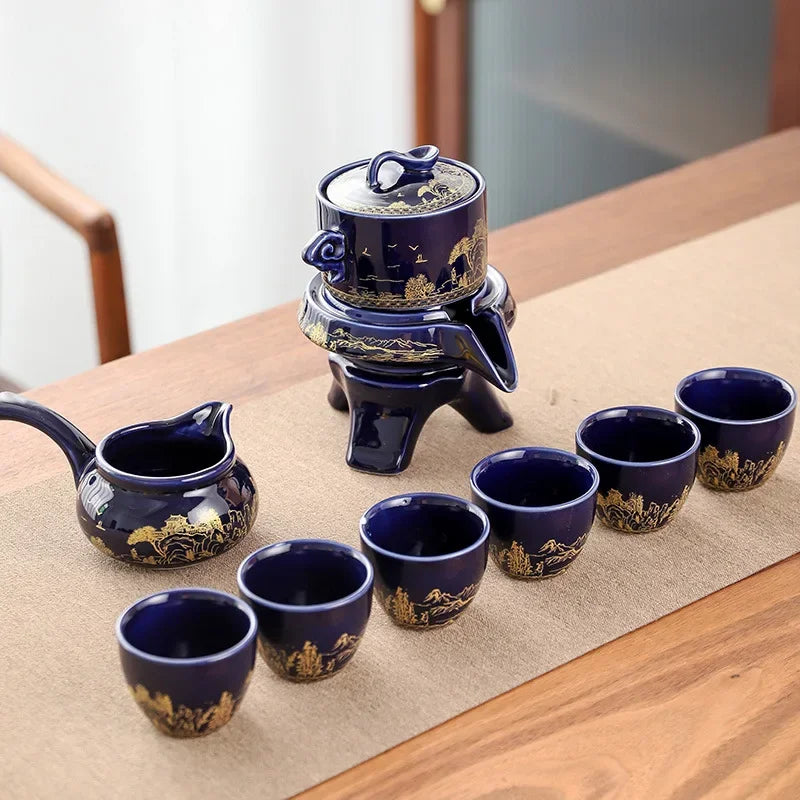 Tea Set Porcelain Golden Dragon Motif Controlled Pouring