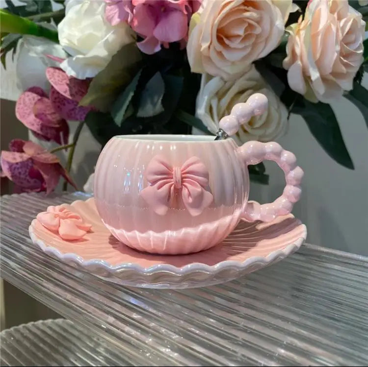 Teacup Ribbed Porcelain Pastel Bowknot 13.5 Oz