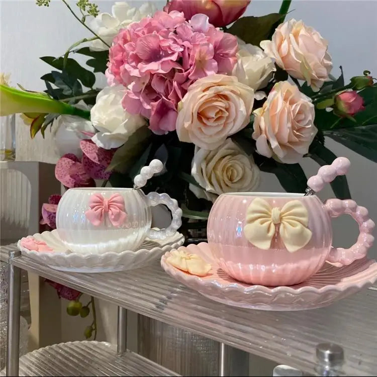 Teacup Ribbed Porcelain Pastel Bowknot 13.5 Oz