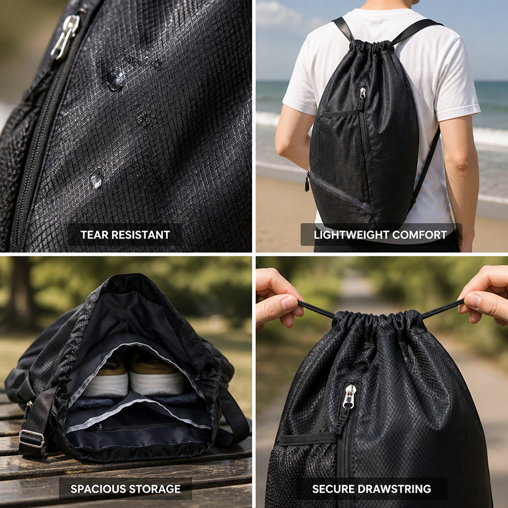 Tear-Resistant Drawstring Backpack With Zippered Pocket