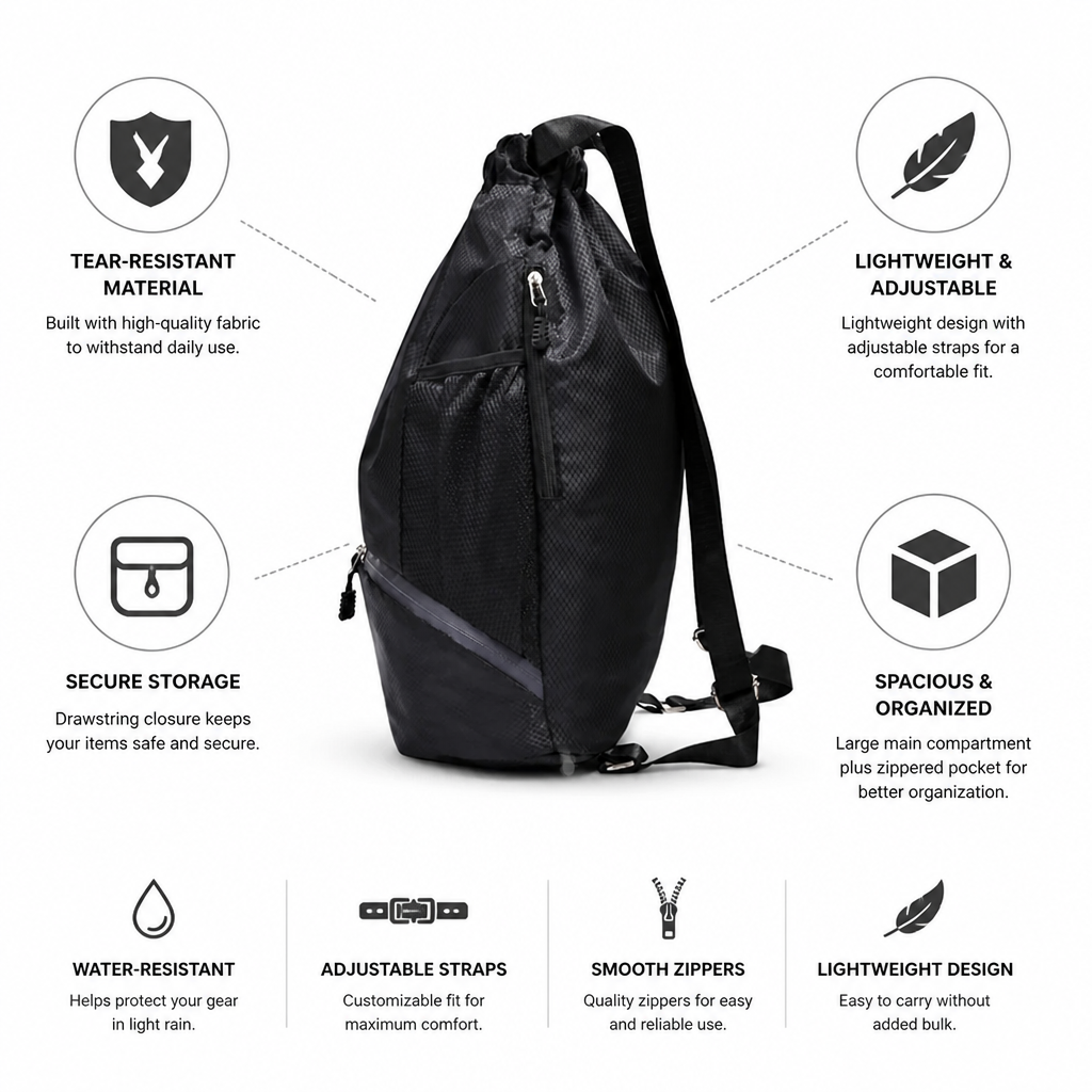 Tear-Resistant Drawstring Backpack With Zippered Pocket